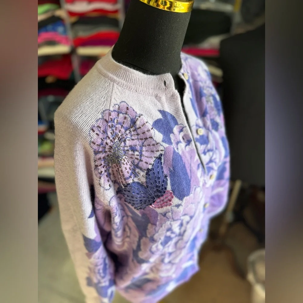 Profondo Blu Floral Cream & Purple Cardigan, Hand-Beaded. L. Wool/Angora. Italy.